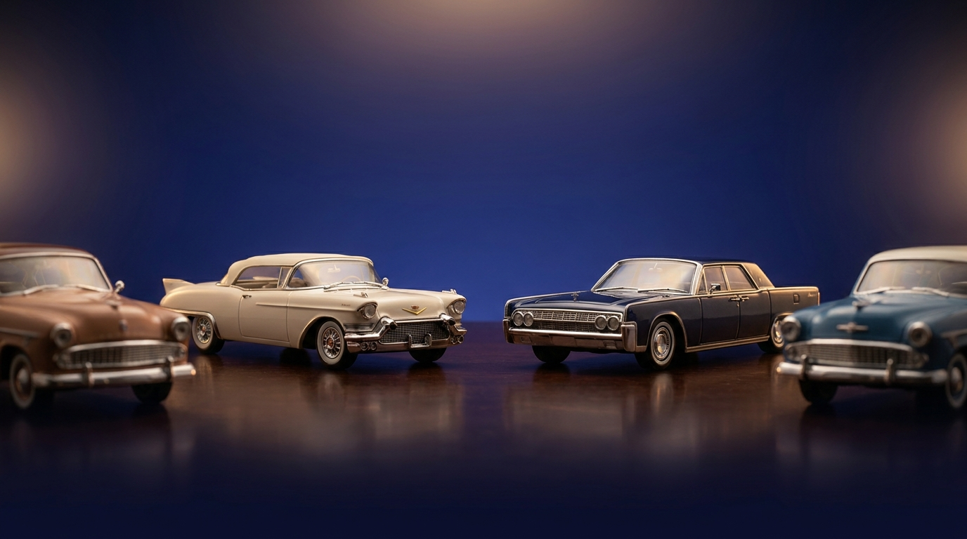 Klassische amerikanische Sammler-Modellautos im Maßstab 1:43 vor tiefblauem Hintergrund